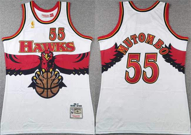 Men's White Atlanta Hawks #55 Dikembe Mutombo 1996-97 Throwback Swingman Stitched Jersey